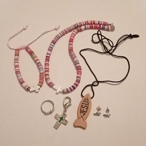 #1036. 6 Piece Religious Cross Necklace, Ring, Earring & Charm Bundle